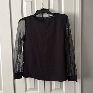 Black Blouse with pearl details sheer sleeves Small SHEIN
